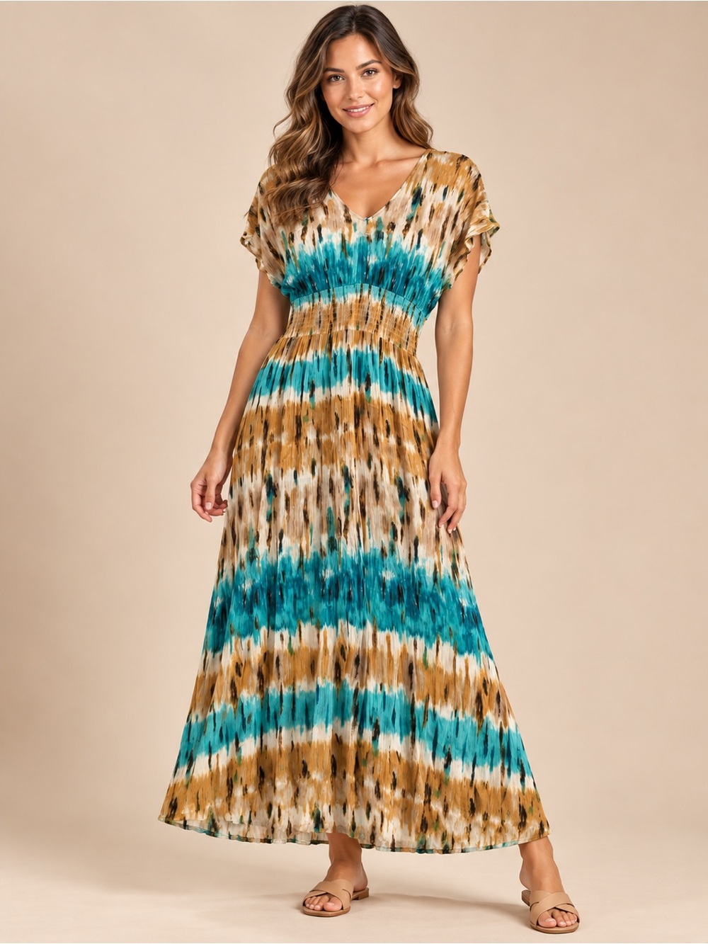 BeBop Teal Brown Abstract Maxi Dress L Smocked Waist Boho Rayon